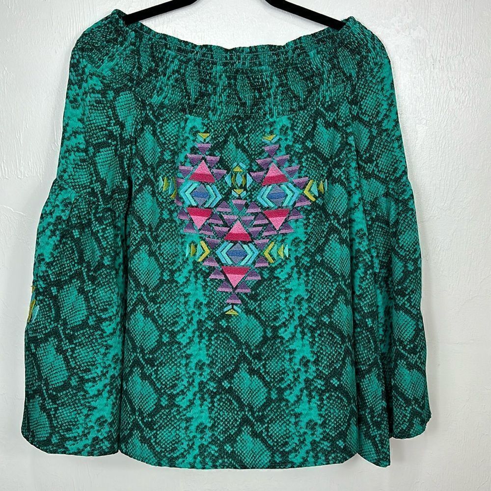 Judith March Green Snake Print Embroidered Off The Shoulder Top Size M - Picture 2 of 11